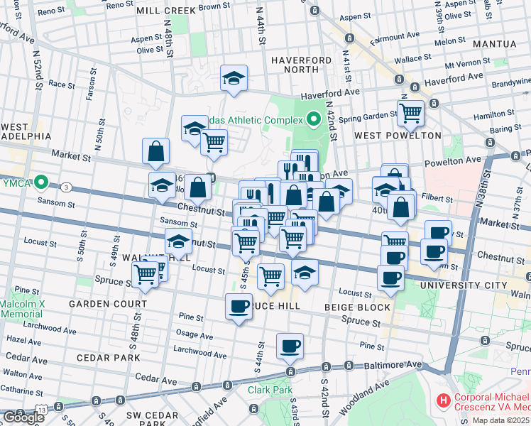 map of restaurants, bars, coffee shops, grocery stores, and more near 4431 Chestnut Street in Philadelphia