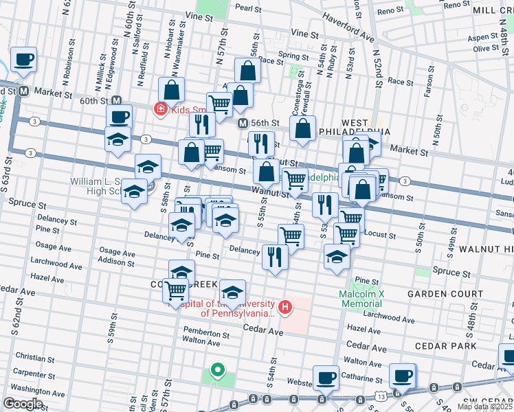 map of restaurants, bars, coffee shops, grocery stores, and more near 5508 Chancellor Street in Philadelphia