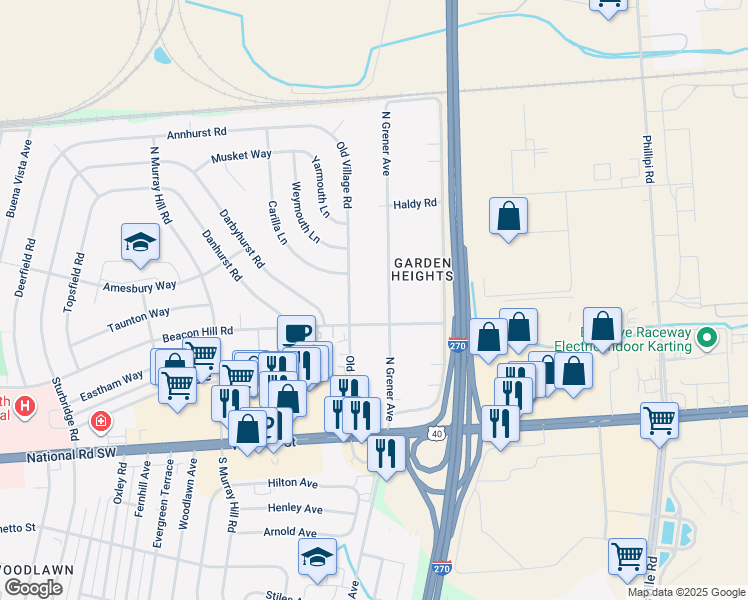 map of restaurants, bars, coffee shops, grocery stores, and more near 211 North Grener Avenue in Columbus