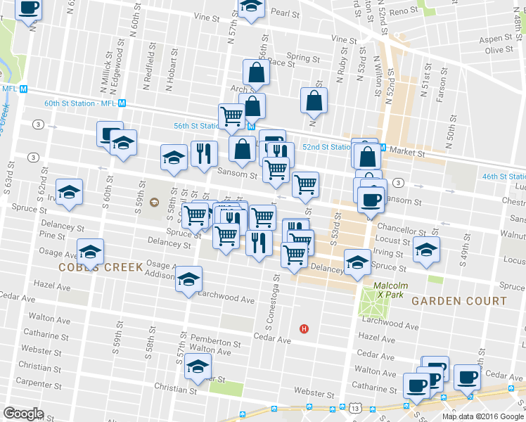 map of restaurants, bars, coffee shops, grocery stores, and more near 5514 Chancellor Street in Philadelphia