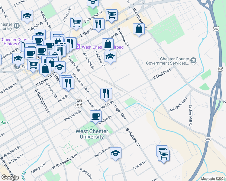 map of restaurants, bars, coffee shops, grocery stores, and more near 515 South Franklin Street in West Chester