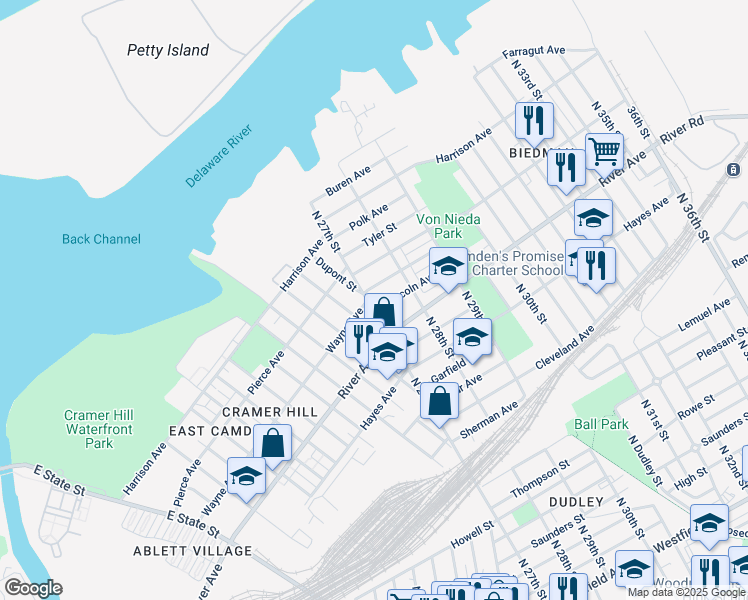map of restaurants, bars, coffee shops, grocery stores, and more near 1058 North 27th Street in Camden
