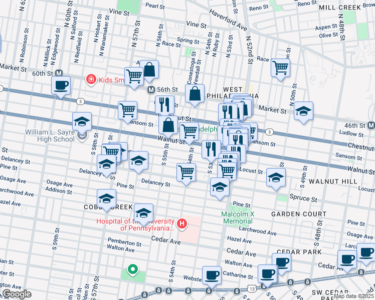 map of restaurants, bars, coffee shops, grocery stores, and more near 5407 Chancellor Street in Philadelphia