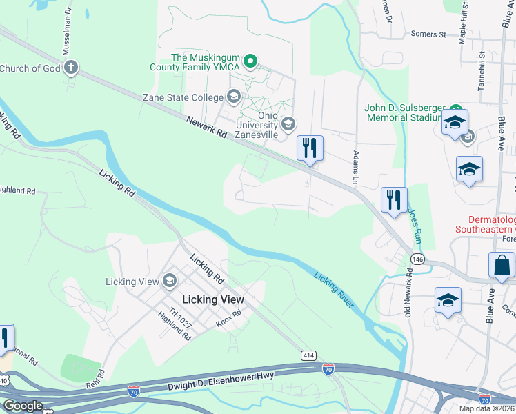 map of restaurants, bars, coffee shops, grocery stores, and more near 1446 Riverview Drive in Zanesville