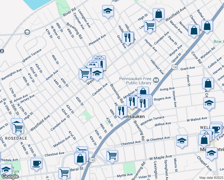 map of restaurants, bars, coffee shops, grocery stores, and more near 2239 Browning Road in Pennsauken Township