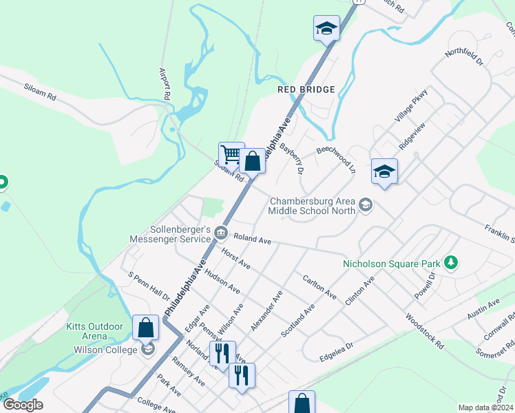 map of restaurants, bars, coffee shops, grocery stores, and more near 1875 Edgar Avenue in Chambersburg