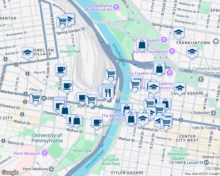 map of restaurants, bars, coffee shops, grocery stores, and more near 2979 Arch Street in Philadelphia