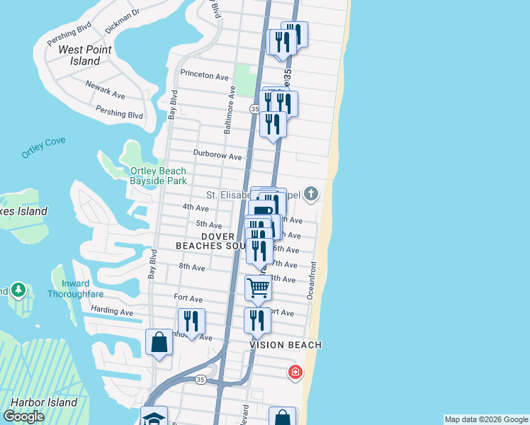 map of restaurants, bars, coffee shops, grocery stores, and more near 1963 New Jersey 35 in Seaside Heights