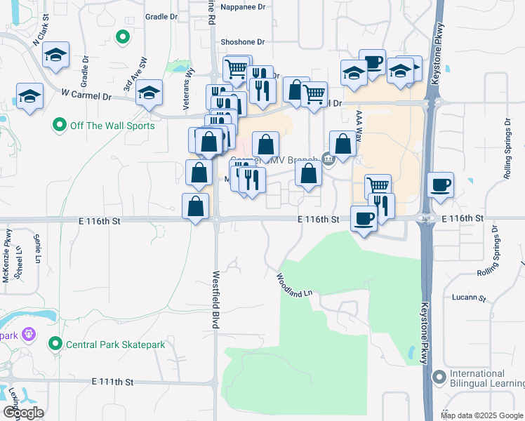 map of restaurants, bars, coffee shops, grocery stores, and more near 1438 Monroe Drive in Carmel