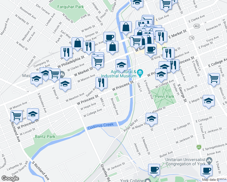 map of restaurants, bars, coffee shops, grocery stores, and more near 346 West Princess Street in York