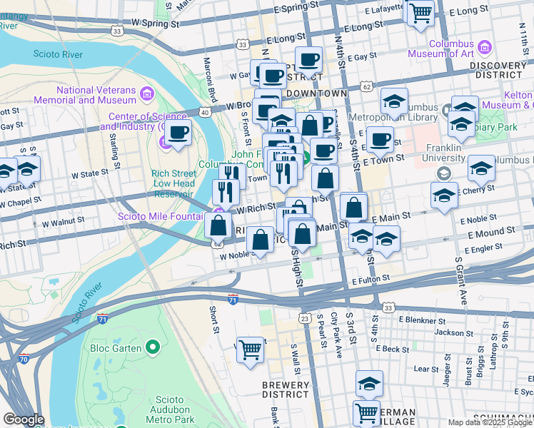 map of restaurants, bars, coffee shops, grocery stores, and more near 228 South Front Street in Columbus