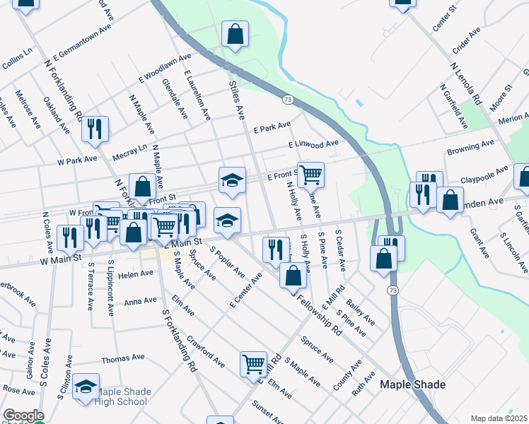 map of restaurants, bars, coffee shops, grocery stores, and more near 22 N Stiles Ave in Maple Shade