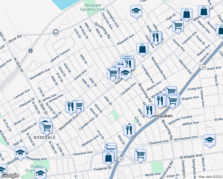 map of restaurants, bars, coffee shops, grocery stores, and more near in Pennsauken Township