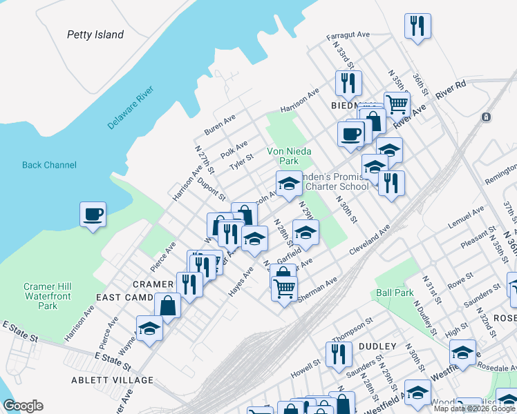 map of restaurants, bars, coffee shops, grocery stores, and more near 1019 North 28th Street in Camden