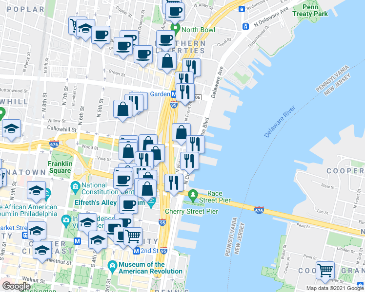 map of restaurants, bars, coffee shops, grocery stores, and more near 403 North Front Street in Philadelphia
