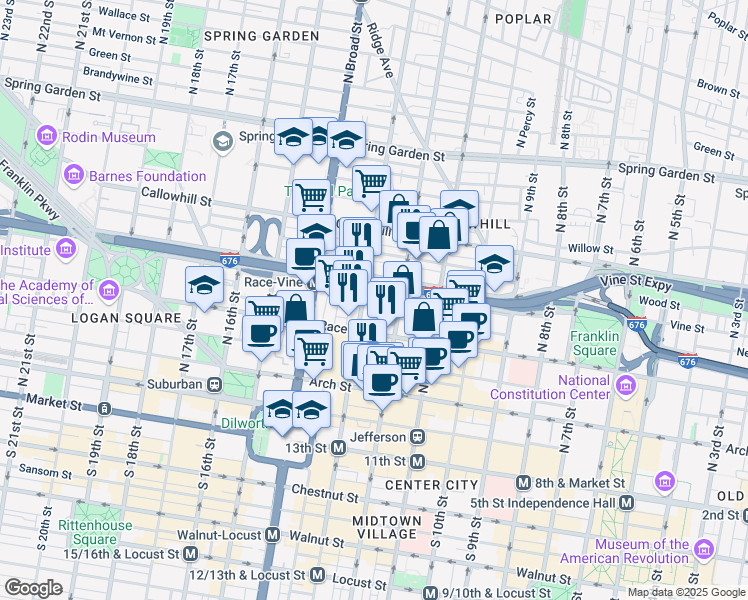 map of restaurants, bars, coffee shops, grocery stores, and more near 244 North 13th Street in Philadelphia