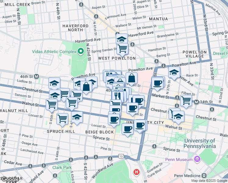map of restaurants, bars, coffee shops, grocery stores, and more near in Philadelphia