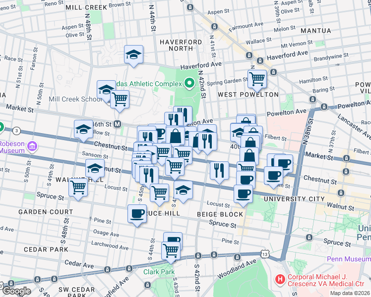 map of restaurants, bars, coffee shops, grocery stores, and more near 24 South 43rd Street in Philadelphia