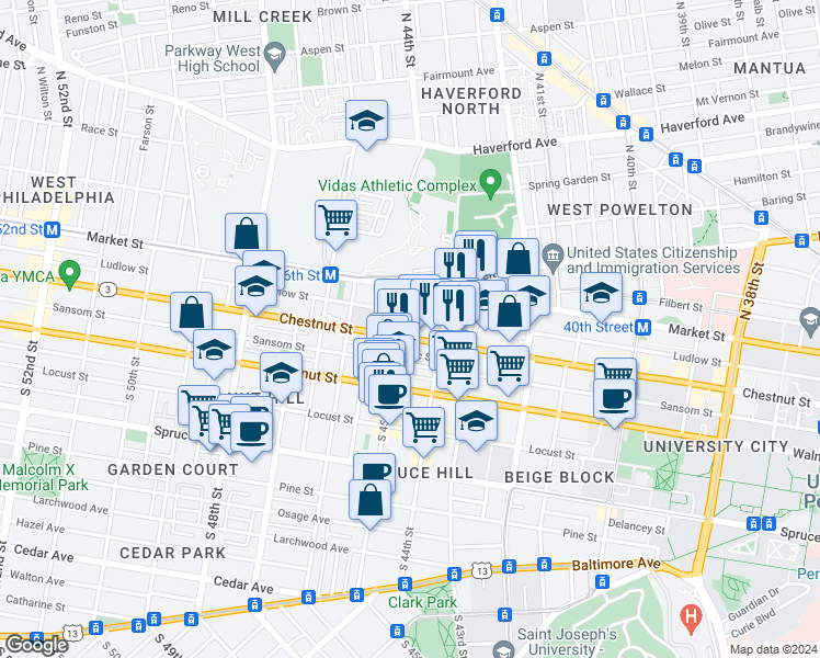 map of restaurants, bars, coffee shops, grocery stores, and more near 4501 Chestnut Street in Philadelphia