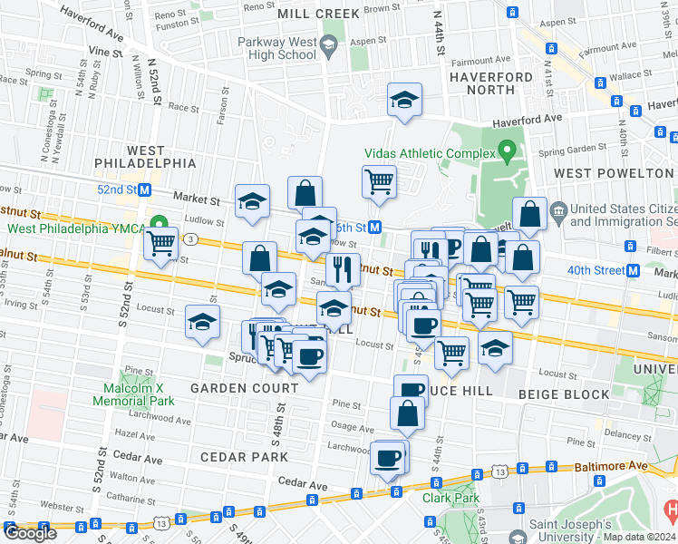 map of restaurants, bars, coffee shops, grocery stores, and more near in Philadelphia