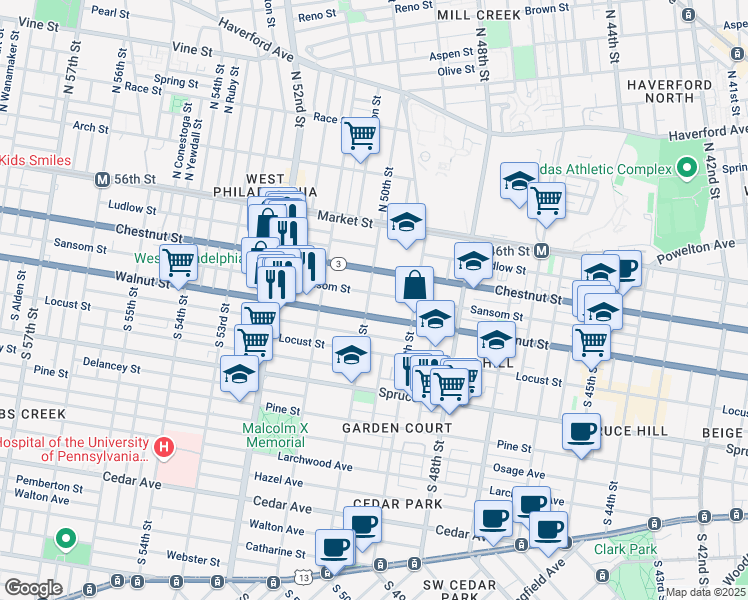 map of restaurants, bars, coffee shops, grocery stores, and more near 4934 Sansom Street in Philadelphia