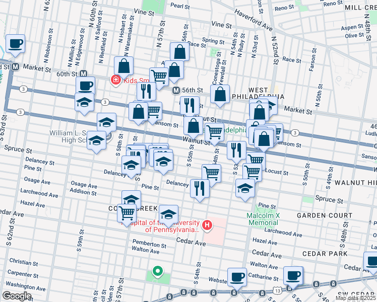 map of restaurants, bars, coffee shops, grocery stores, and more near 5526 Chancellor Street in Philadelphia