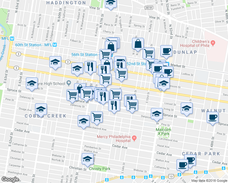 map of restaurants, bars, coffee shops, grocery stores, and more near 5526 Chancellor Street in Philadelphia