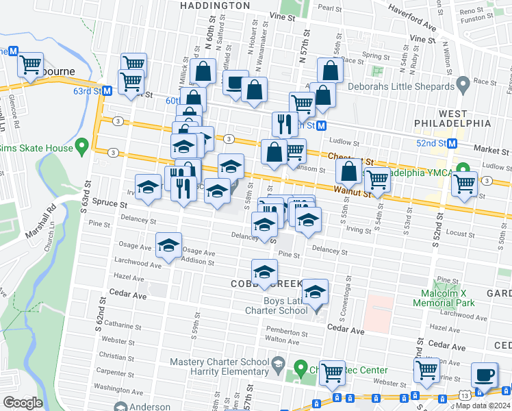 map of restaurants, bars, coffee shops, grocery stores, and more near 247 South Cecil Street in Philadelphia