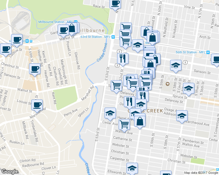 map of restaurants, bars, coffee shops, grocery stores, and more near 305 Cobbs Creek Parkway in Philadelphia