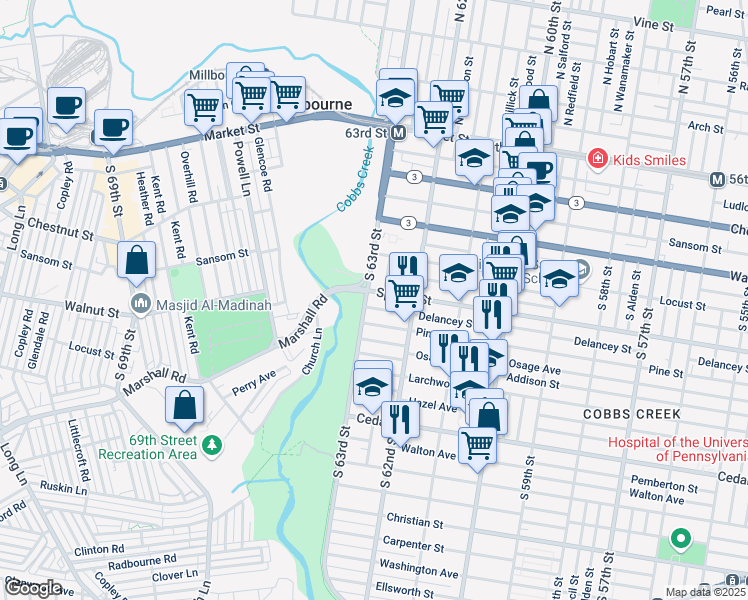 map of restaurants, bars, coffee shops, grocery stores, and more near 305 Cobbs Creek Parkway in Philadelphia
