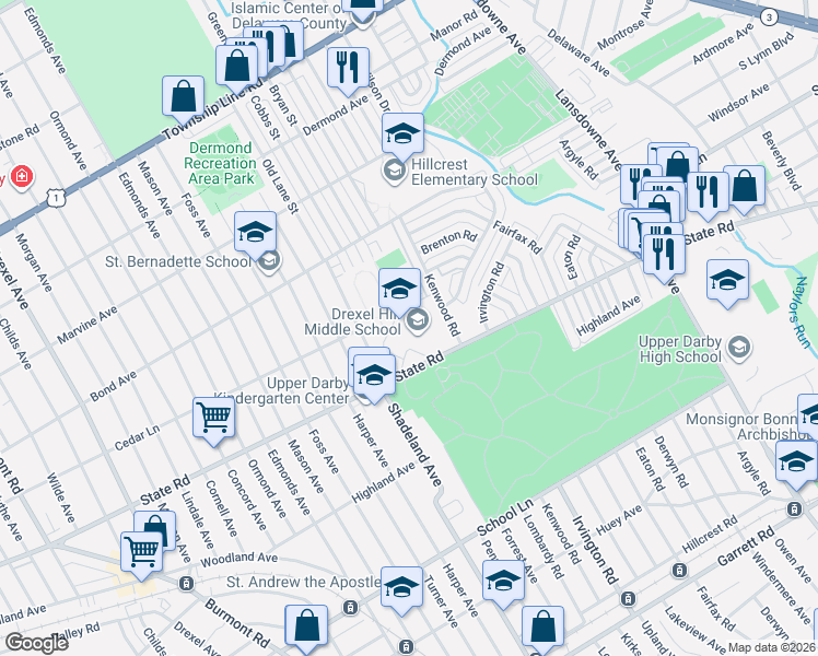 map of restaurants, bars, coffee shops, grocery stores, and more near 3001 State Road in Drexel Hill