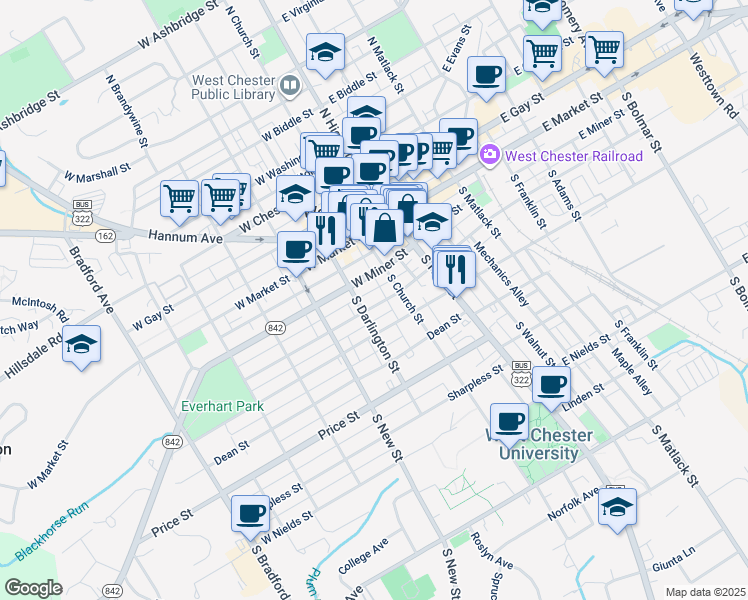 map of restaurants, bars, coffee shops, grocery stores, and more near 106 West Barnard Street in West Chester