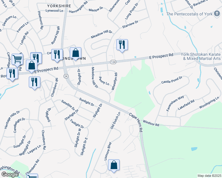 map of restaurants, bars, coffee shops, grocery stores, and more near 3130 Wheatlyn Road in York