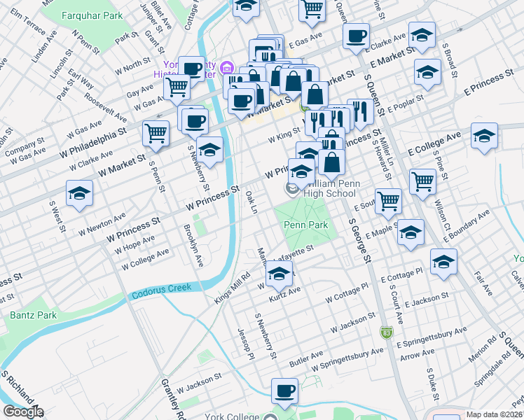 map of restaurants, bars, coffee shops, grocery stores, and more near 30 West College Avenue in York