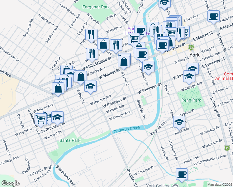 map of restaurants, bars, coffee shops, grocery stores, and more near 442 Salem Avenue in York