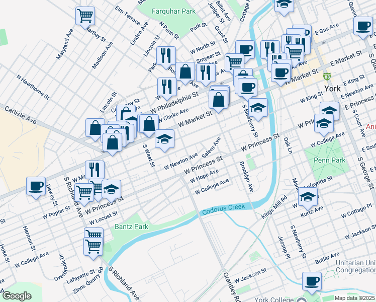 map of restaurants, bars, coffee shops, grocery stores, and more near 514 West King Street in York