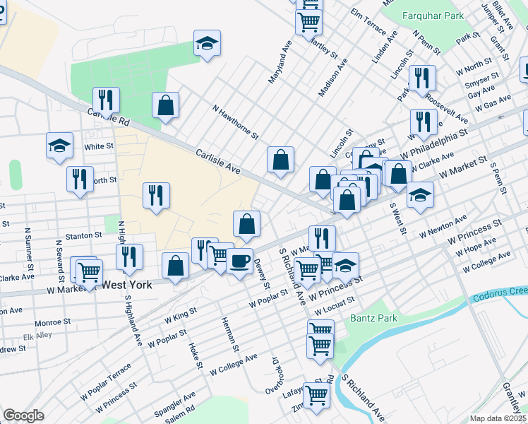 map of restaurants, bars, coffee shops, grocery stores, and more near 945 Linden Avenue in York