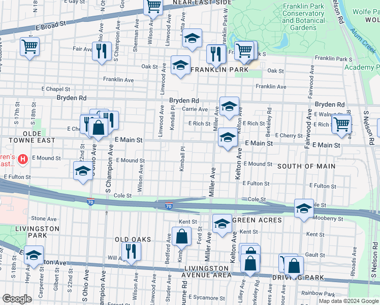 map of restaurants, bars, coffee shops, grocery stores, and more near 452 Kimball Place in Columbus