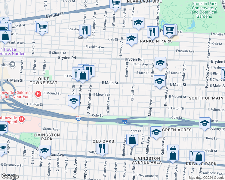 map of restaurants, bars, coffee shops, grocery stores, and more near in Columbus