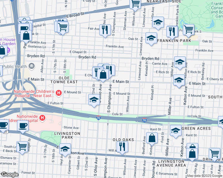 map of restaurants, bars, coffee shops, grocery stores, and more near 418 South Champion Avenue in Columbus