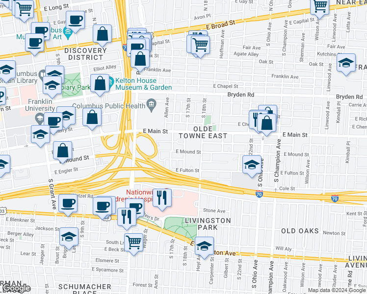 map of restaurants, bars, coffee shops, grocery stores, and more near 774 East Mound Street in Columbus