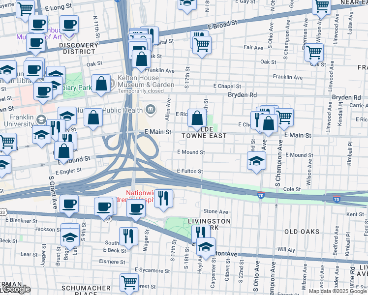 map of restaurants, bars, coffee shops, grocery stores, and more near 774 East Mound Street in Columbus