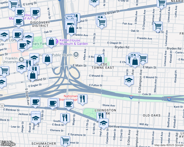 map of restaurants, bars, coffee shops, grocery stores, and more near 774 East Mound Street in Columbus
