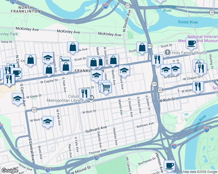 map of restaurants, bars, coffee shops, grocery stores, and more near 108 Hawkes Avenue in Columbus