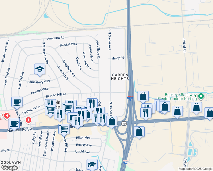 map of restaurants, bars, coffee shops, grocery stores, and more near 211 North Grener Avenue in Columbus