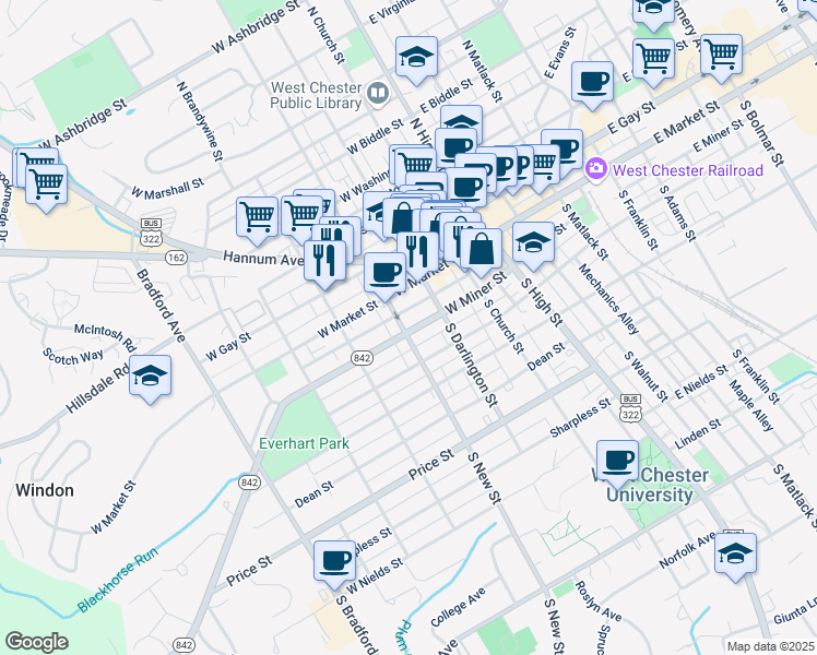 map of restaurants, bars, coffee shops, grocery stores, and more near 227 West Miner Street in West Chester