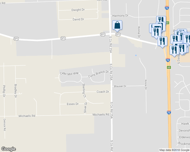 map of restaurants, bars, coffee shops, grocery stores, and more near 1752 Curry Branch Drive in Tipp City