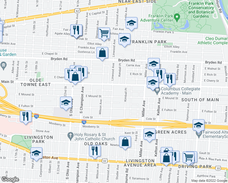 map of restaurants, bars, coffee shops, grocery stores, and more near 440 Linwood Avenue in Columbus