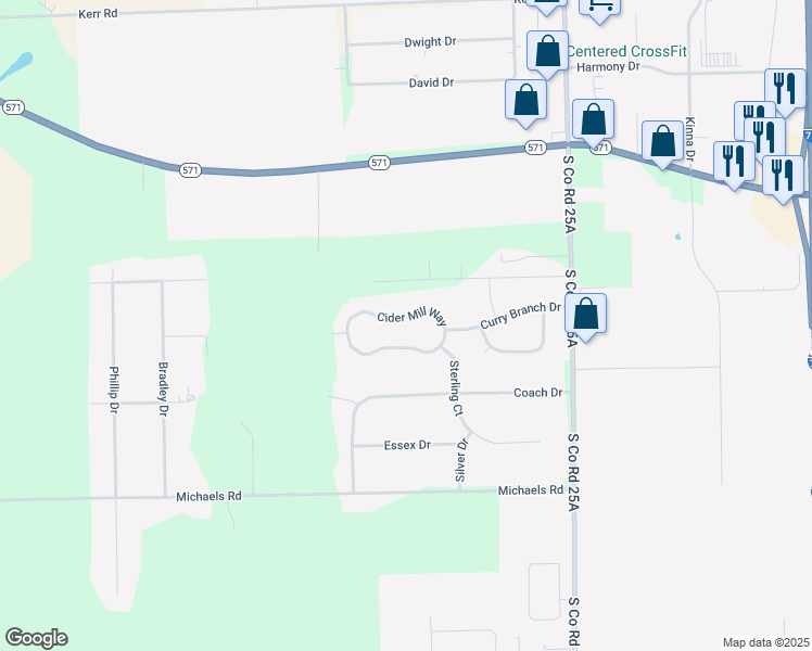 map of restaurants, bars, coffee shops, grocery stores, and more near 1930 Cider Mill Way in Tipp City