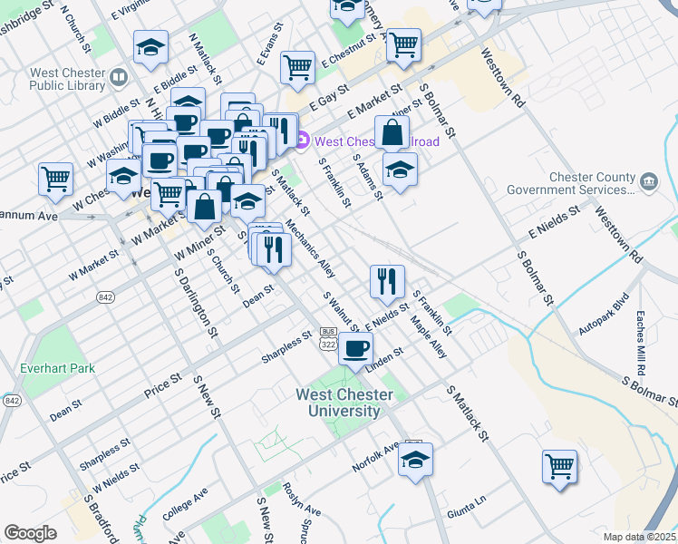 map of restaurants, bars, coffee shops, grocery stores, and more near 418 South Matlack Street in West Chester